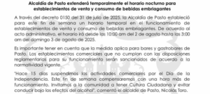 La nueva normativa permitirá el funcionamiento de estos establecimientos desde las 10:00 a.m. del viernes 2 de agosto hasta las 3:00 a.m. del domingo 3 de agosto.
Esta medida busca brindar a los empresarios del sector una oportunidad para reponer el tiempo perdido debido a la restricción anterior. Sin embargo, las autoridades han recordado la importancia de respetar las normativas de seguridad vial y cultura ciudadana.
Se hace un llamado a la responsabilidad, instando a la ciudadanía a no conducir bajo los efectos del alcohol y a contribuir con el bienestar colectivo durante estas actividades recreativas.
Las autoridades locales continúan trabajando para asegurar que las celebraciones sean seguras y en cumplimiento con las regulaciones vigentes.
#CulturaCiudadana #PastoSeguro #Decreto0150
