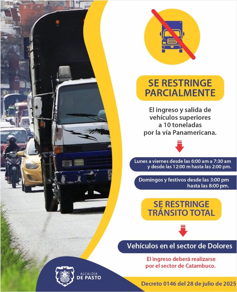 Alcaldía de Pasto establece horarios de restricción para vehículos pesados en la vía Panamericana