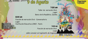 Este año, el festival reunirá a narradores orales de distintas regiones del país, así como invitados internacionales, quienes deleitarán al público con cuentos, relatos, leyendas y testimonios que evocan las raíces culturales y sociales de nuestras comunidades.
La programación incluye presentaciones en instituciones educativas, bibliotecas, plazas públicas y escenarios comunitarios, además de talleres de narración, conversatorios con maestros de la palabra, actividades de lectura en voz alta y un homenaje especial a los sabedores populares del territorio.
“El Festival Galeras Cuenta es una fiesta del alma que nos conecta con nuestras raíces, la memoria de nuestros mayores y el poder de la palabra para construir comunidad”, destacó [nombre del organizador o autoridad cultural, si lo tienes].
Este encuentro cultural se ha consolidado como uno de los más importantes del país en su género, promoviendo el intercambio entre generaciones y la resignificación de los saberes orales como herramienta educativa y de identidad territorial.
Desde la organización del festival se hace una invitación abierta a toda la comunidad y visitantes a sumarse a esta experiencia de escucha y creación colectiva, y a valorar la oralidad como un patrimonio vivo que sigue transformando realidades.
