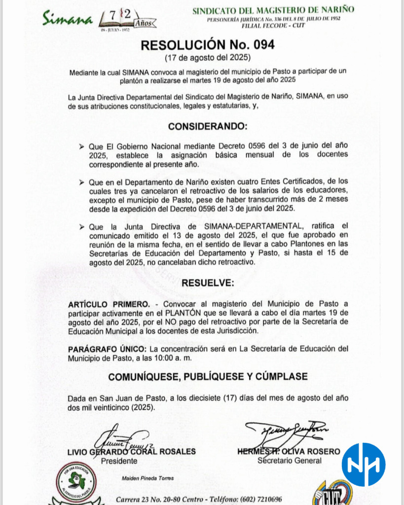 SIMANA convocó a los docentes del municipio de Pasto a participar en un plantón este martes 19 de agosto