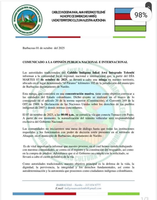 Comunidad Awá anuncia minga y cierre de vía Tumaco-Pasto