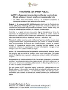 Donald Trump, contra el presidente Gustavo Petro. La entidad calificó los pronunciamientos como injerencistas y pidió a los colombianos defender la soberanía nacional. La entidad hizo un llamado al movimiento social y a la ciudadanía a mantenerse unidos en defensa de la democracia y la paz.