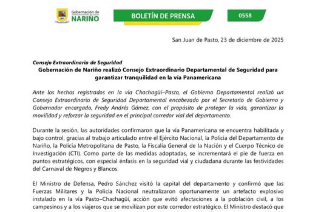 Gobernación de Nariño refuerza seguridad en la vía Panamericana tras Consejo Extraordinario