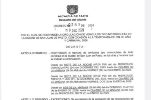 Alcaldía de Pasto restringe circulación de motocicletas para fin de año y Carnaval 2026