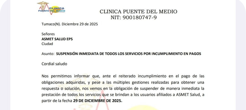 Clínica Puente del Medio suspende servicios para usuarios de ASMET SALUD EPS en Tumaco