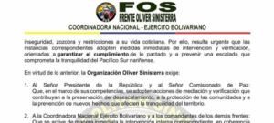 Tensión en el Pacífico nariñense | El Frente Oliver Sinisterra alerta sobre riesgo para comunidades tras ruptura de pactos de no agresión