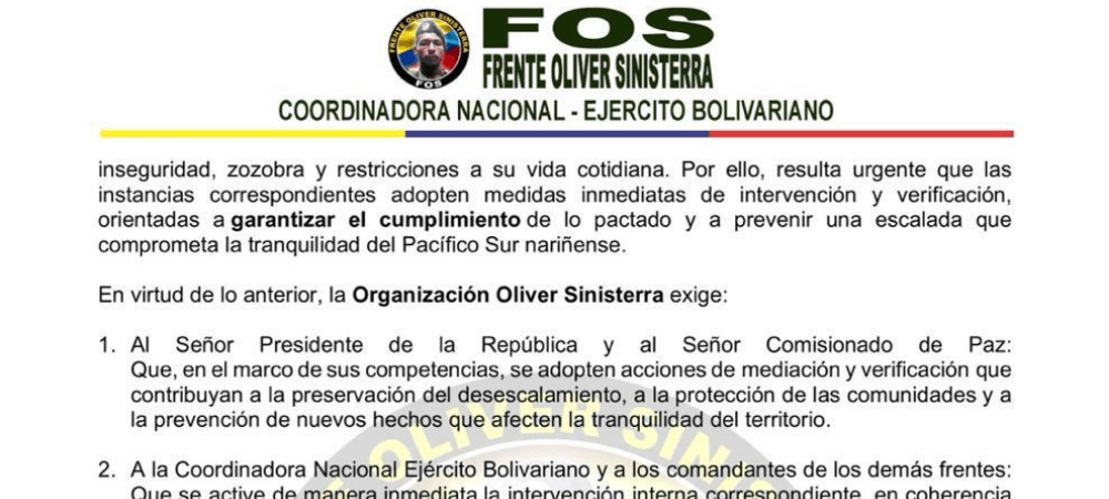 Tensión en el Pacífico nariñense | El Frente Oliver Sinisterra alerta sobre riesgo para comunidades tras ruptura de pactos de no agresión