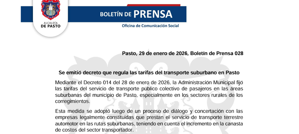 Alcaldía de Pasto fija nuevas tarifas del transporte suburbano