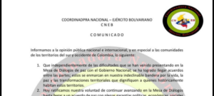 La Coordinadora Nacional – Ejército Bolivariano (CNEB) reafirma su voluntad en la Mesa de Diálogos y se compromete a la sustitución de 30.000 hectáreas de coca