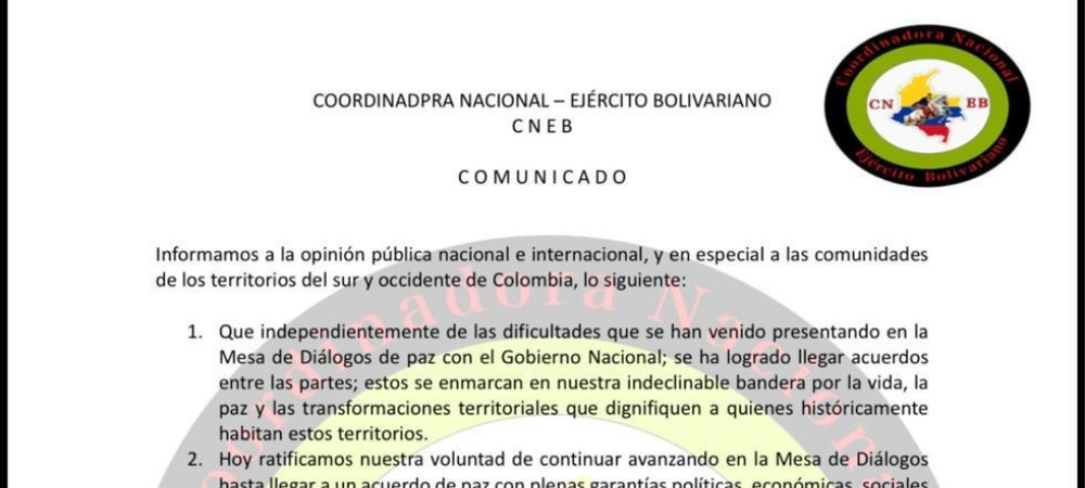 La Coordinadora Nacional – Ejército Bolivariano (CNEB) reafirma su voluntad en la Mesa de Diálogos y se compromete a la sustitución de 30.000 hectáreas de coca